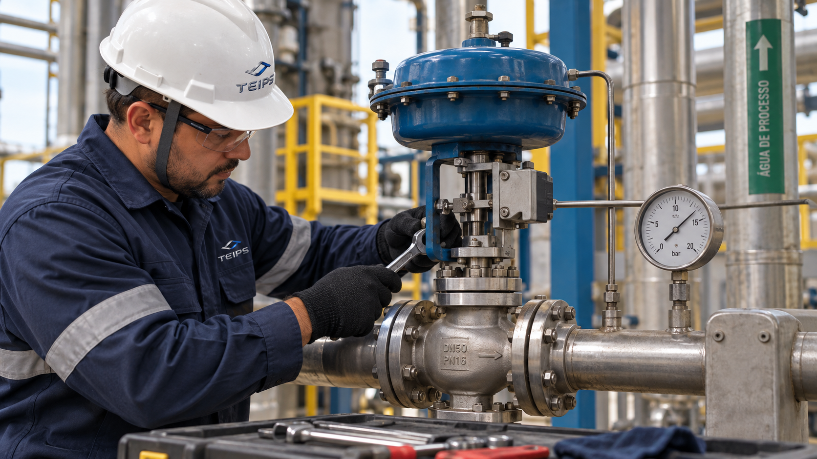 Profissional da TEIPS realizando intervenção técnica em válvula e instrumentação de processo